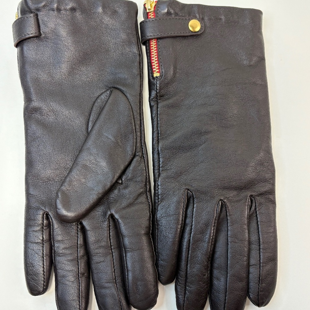 Eddie Bauer Leather gloves, dark Brown, size L, 2in zip and snap closure, soft